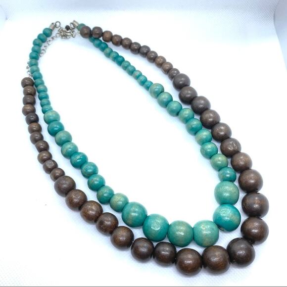 2pc lot wood beaded Turquoise aqua blue and Mocha graduated bead necklace bundle - Picture 1 of 7